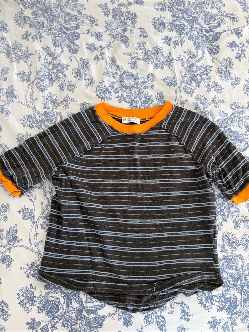 We The Free Black & Light Blue Striped Tee with Orange Trim